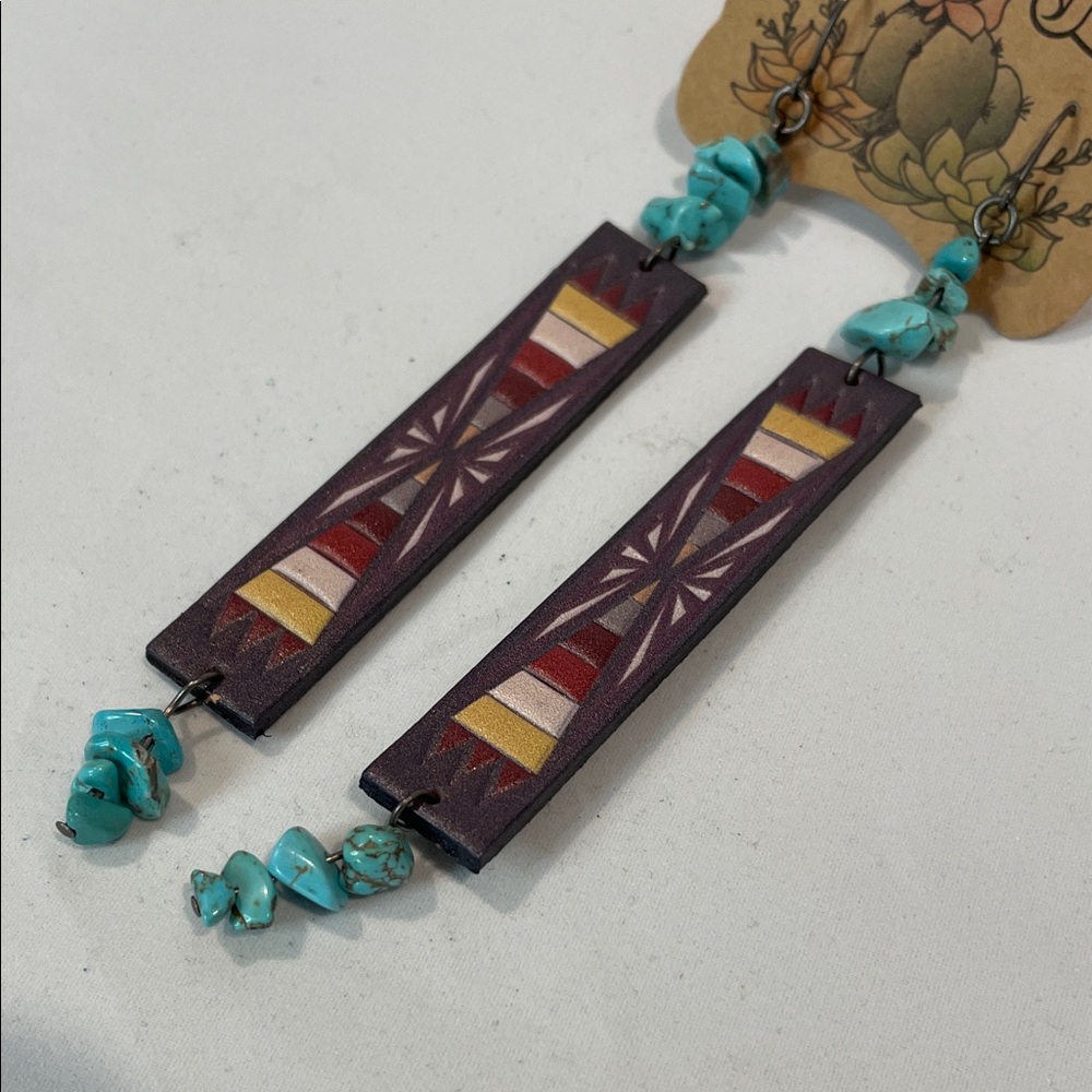 Justin Boots Genuine Leather Earrings with Turquoise Accents - Picture 2 of 3
